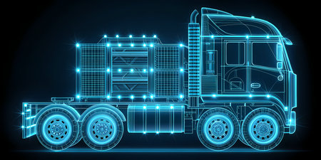 Abstract polygonal lorry on dark blue background, vector illustrationの素材