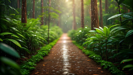 Rain in the rainforest. Nature background with raindrops falling on the ground.の素材