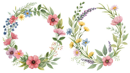 Watercolor floral wreaths with wildflowers and leaves.の素材