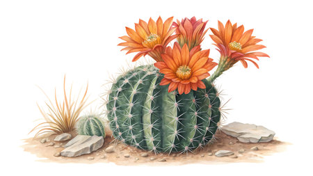 Cactus with flowers on a white background. Watercolor illustration.の素材