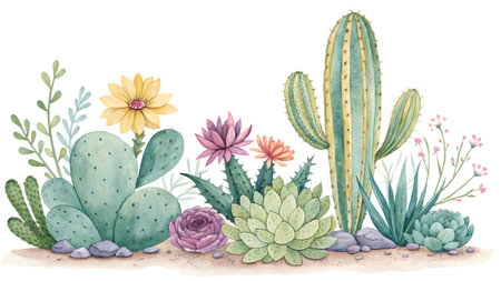 Watercolor illustration of cacti with flowers and succulent plantsの素材