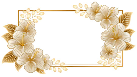 Gold frame with hibiscus flowers on white background. Vector illustration.の素材