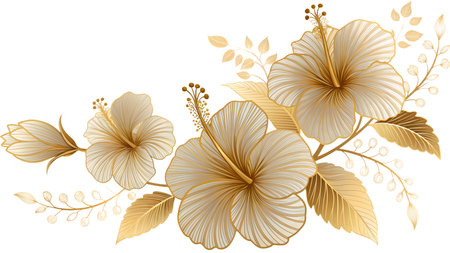 Golden hibiscus flowers on a white background. Vector illustration.の素材