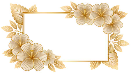 Illustration of golden frame with hibiscus flowers on white backgroundの素材