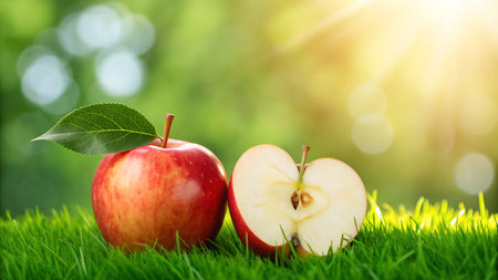 Red apple with green leaf on green grass in garden with sunlight.の素材