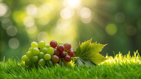 Grapes on green grass with bokeh light background.の素材