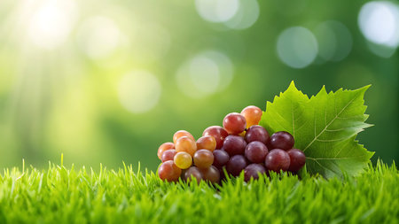 Grapes on green grass with bokeh background, nature conceptの素材