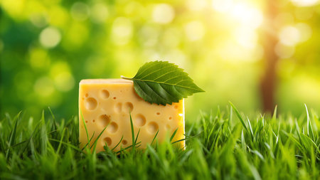 cheese on green grass with bokeh background, close upの素材