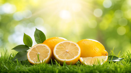 Lemons on green grass with bokeh background, closeupの素材