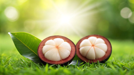 Mangosteen fruit on green grass with sun light background.の素材