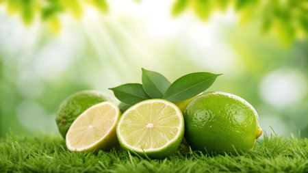 Fresh limes with green leaves on grass, close up. Space for textの素材