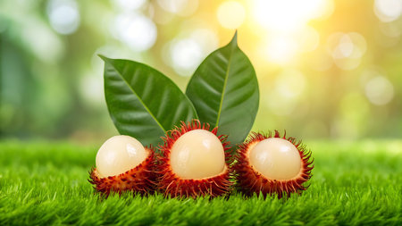 Rambutan fruit on green grass background. Rambutan is a popular tropical fruit.の素材