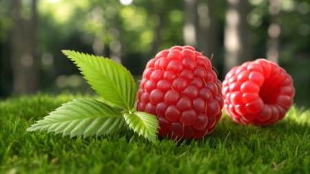 Fresh ripe raspberries with green leaves on grass outdoors, closeupの素材