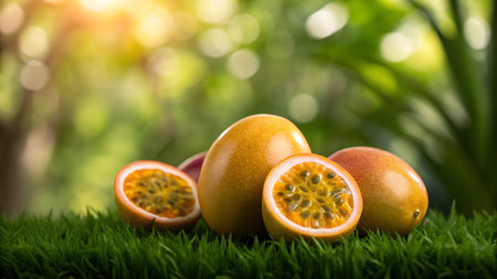 Passion fruit on green grass with bokeh nature background.の素材