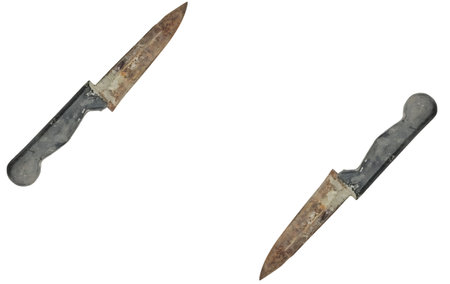 Old and rusty kitchen knives isolated on a white background, clipping path includedの写真素材