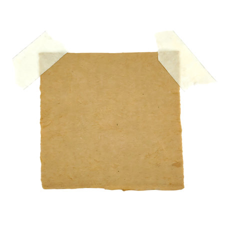 Old paper with adhesive tape isolated on white background. Closeup.の写真素材