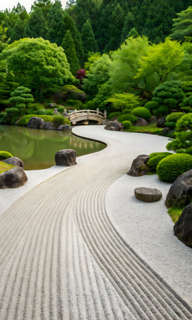 Japanese garden with stone walkway and green trees in the background.の素材