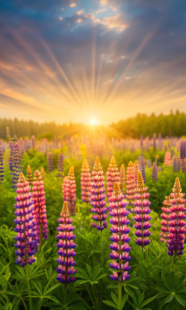 Sunset over lupine field. Colorful spring landscape.の素材