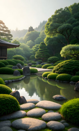 Beautiful Japanese garden with pond and pond in the early morning.の素材