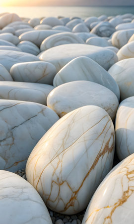 White marble stones on the beach at sunset. Close-up.の素材