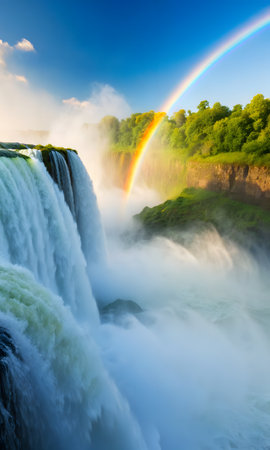 Niagara Falls in USA. Wide angle view of the waterfall and rainbowの素材