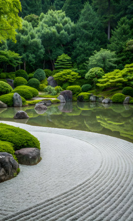 Japanese garden with pond and green trees in summer, Kyoto, Japanの素材