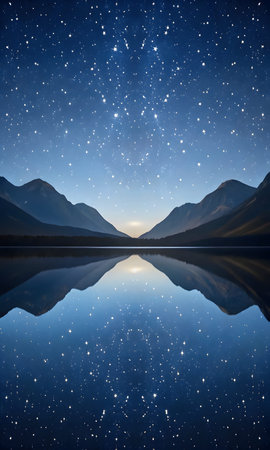 Mountain landscape with starry sky reflected in the water of lakeの素材