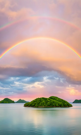 Beautiful rainbow over the sea at sunset, Seychellesの素材