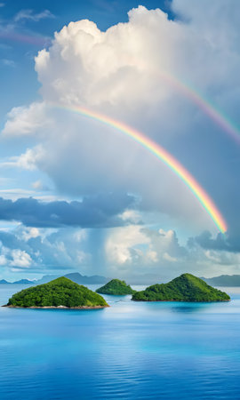 Rainbow over the islands in the sea at Seychellesの素材