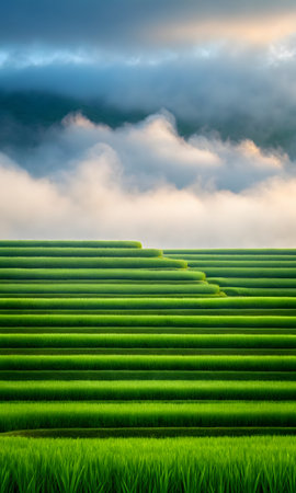 Green Terraced Rice Field in the morning with blue sky and cloudsの素材