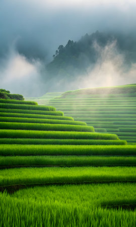 Green Terraced Rice Field in Pa Pong Pieng, Mae Chaem, Chiang Mai, Thailandの素材