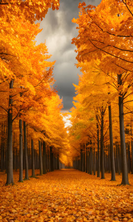 Autumn landscape with trees and road in the park. Fall season.の素材