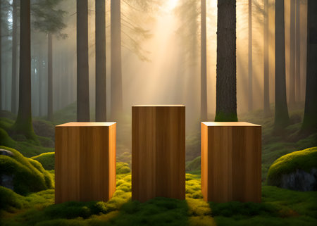 Wooden podium in the forest with fog. 3D rendering.の素材