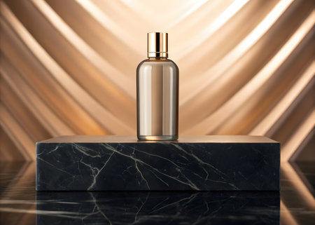 Cosmetic bottlele podium with golden drapery, 3d renderの素材
