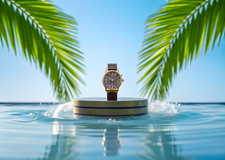 Wristwatch on a stand in the water, palm leaves in the backgroundの素材