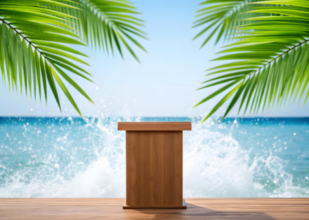 Wooden podium on wooden table with palm leaves and sea background.の素材