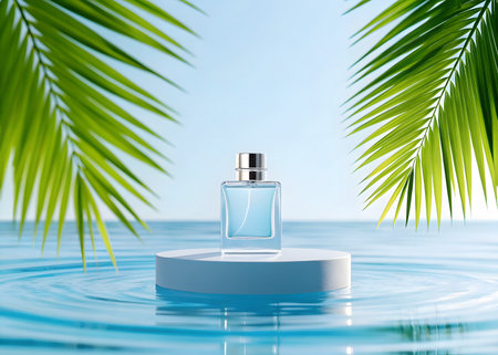 Cosmetic bottle on white podium with palm leaves on blue water backgroundの素材