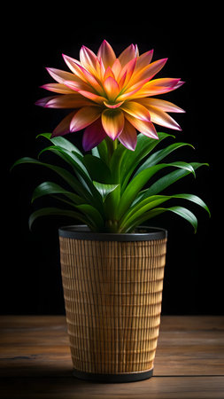 Beautiful flower in pot on wooden table, isolated on black backgroundの素材