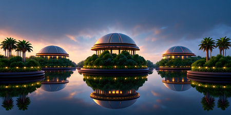 Palm trees reflected in the lake at sunset, 3d renderの素材