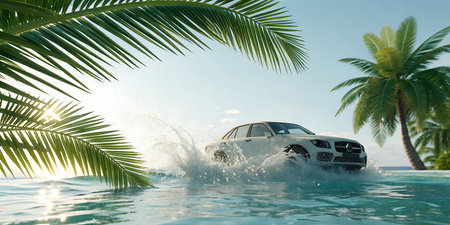Car in swimming pool with palm trees and sea background. 3d renderの素材