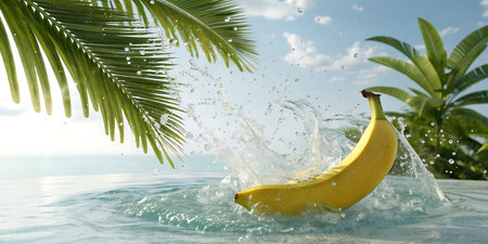 Banana splashing in the water on a background of palm leavesの素材