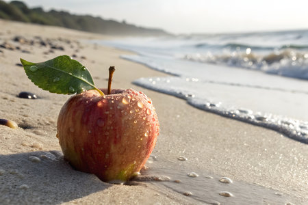 Red apple on the beach with drops of dew on the sandの素材