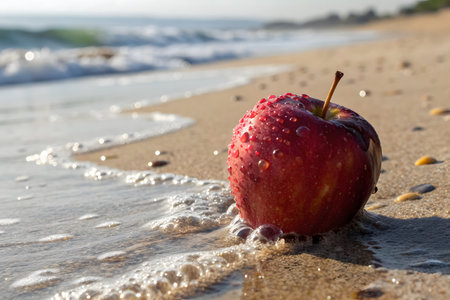 Red apple on the beach with drops of water in the sand.の素材