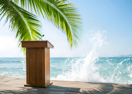 Wooden podium with microphone and palm leaf on the beach background.の素材
