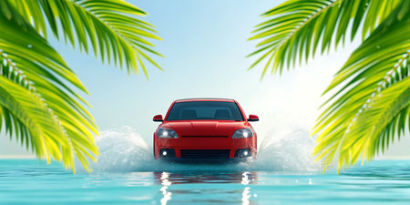 Car on the water and palm leaves. 3d illustration. Conceptual image.の素材
