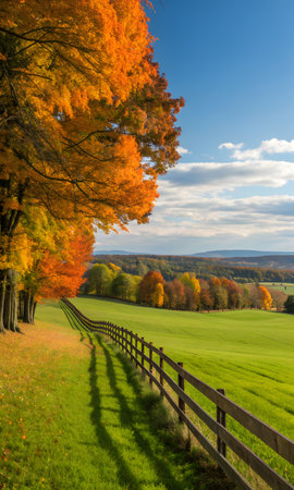 Autumn landscape with colorful trees and wooden fence on a meadowの素材