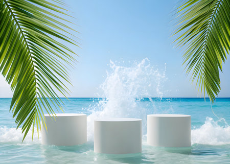 White podiums with palm leaves on the background of the sea.の素材