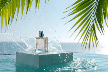 Perfume bottle on the background of the sea and palm leavesの素材