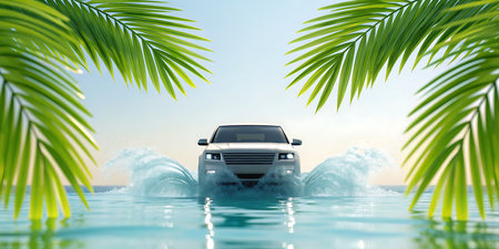 Car on water with palm tree leaves. 3d render illustration.の素材