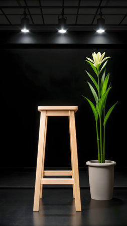 Wooden chair and flower in pot on black background, stock photoの素材
